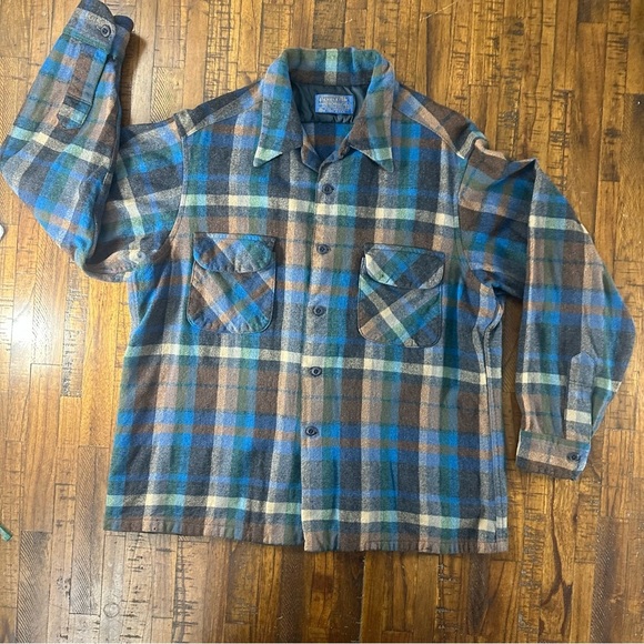 1950s Pendleton Virgin Wool Shacket XL Made in USA Brown Blue Green Shadow Plaid - Picture 1 of 4
